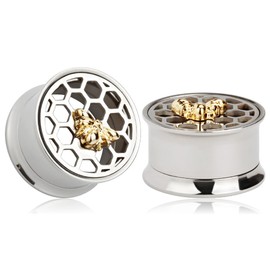 TBOSEN 4 Pairs Lot Fashional Alloy Steel Ear Plugs Tree of Life ET Skull Stretchers Honeycomb Gauges Stretching Gauge 10 mm - 16 mm, Wood