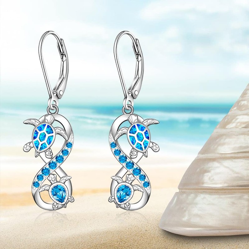 Turtle Earrings for Women Sterling Silver Infinity Blue Opal Sea