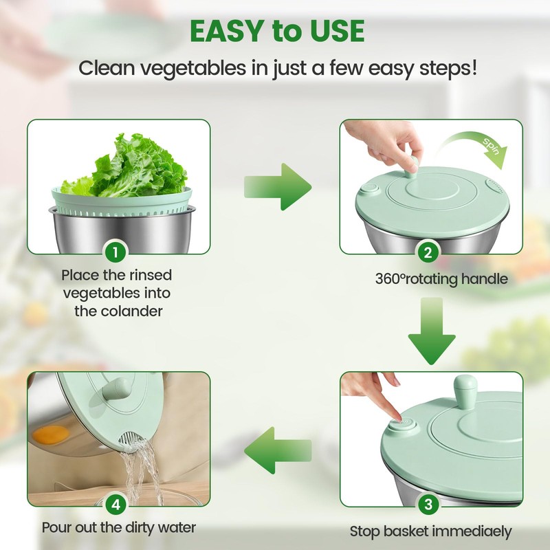 Stainless Steel Salad Spinner 3-in-1, One-Touch Stop and Non-Slip Base,