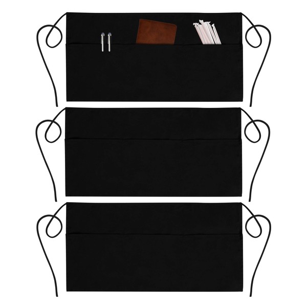 GREEN LIFESTYLE 3 Pack Server Aprons with 3 Pockets - Waist Apron, Waitress Apron for Women and Man, Water Resistant with Long Waist Strap Reinforced Seams, Half Apron (Black)