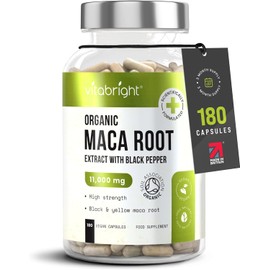 Black Maca Root Capsules | Extra Strength | 180 Capsules | Men's & Women's Health Supplement | 11,000mg Peruvian Maca Root Powder Equivalent | VitaBright Premium Maca Extract