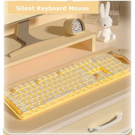 Wireless Keyboard and Mouse Combo, 2.4G Rechargeable Full Sized Backlit Keyboard and Silent Mice Set Home Office Gamer Keyboards for PC Desktop Laptop (Creamy White with Warm Light)