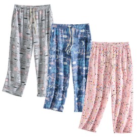 PNAEONG 3 Pack Women Pajama Pants Capri Length Drawstring Pj Bottoms Sleep Lounge Pants with Pockets Large