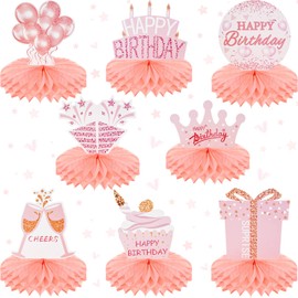 Yalikop 8 Pieces Happy Birthday Party Decorations Birthday Honeycomb Centerpieces for Table birthday table decorations Pink Rose Gold Birthday Party Favors Supplies for Women Girls