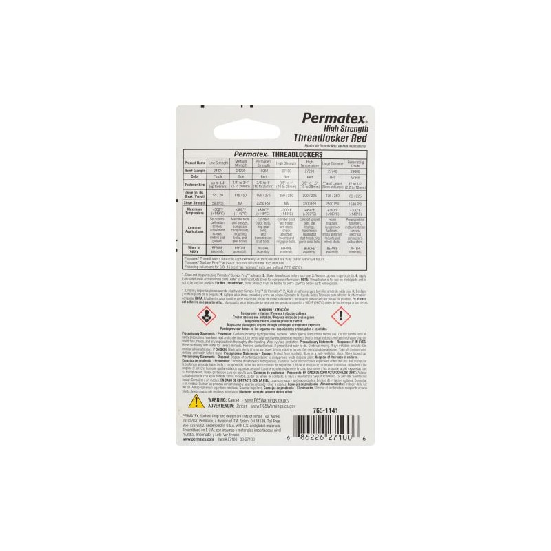 Permatex 27100 High Strength Threadlocker Red, 6 ml