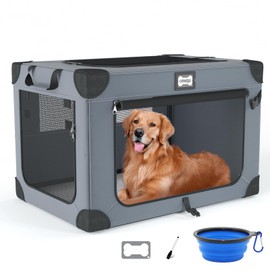 QUIBBLICK 42 Inch Soft Dog Crates, Collapsible Dog Travel Crate for Extra Large Dogs Indoor & Outdoor, 3-Door Foldable Pet Kennel with Mesh Windows, Soft Blanket and Foldable Bowl