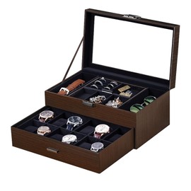J&T Technology 12 Slot Watch Box,Mens Jewelry Display Drawer Case with Large Glass Lid,2-Tier Watch Storage Boxes for Earrings, Rings, Bracelets,Christmas Gift (Black02, 12 Slot)