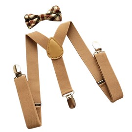 Plus Nao Suspenders Bow Tie, Set of 2 for Kids, Boys, Girls, Children, Y-Shaped, Ribbon, Plaid, Casual, Formal, beige