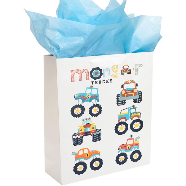 16.5" Extra Large Gift Bag with Tissue Paper for Boys (Monster Truck)