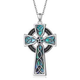 DAOCHONG 925 Sterling Silver Celtic Knot Cross Pendant Necklace Star Abalone Shell Necklace Religious Jewelry Gifts for Women
