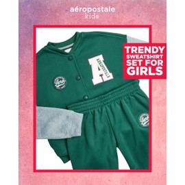 AEROPOSTALE Girls Tracksuit Set - 2 Piece Button Down Girls Fleece Jacket and Joggers Sweatpants Kids Athletic Set (7-12), Size 7-8, Crocodile Green/Gray Heather