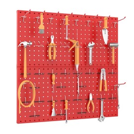 TORACK Metal Pegboard Wall Organizer 24" x 24" or 12" x 48", 70 PCS Tool Storage Pegboard for Garage Tool Organizer Board with Pegboard Hooks for Workbench(Red)