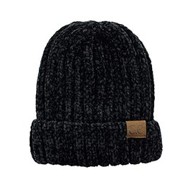 C.C Unisex Chenille Soft Warm Stretchy Thick Cuffed Knit Beanie Cap Hat-Black
