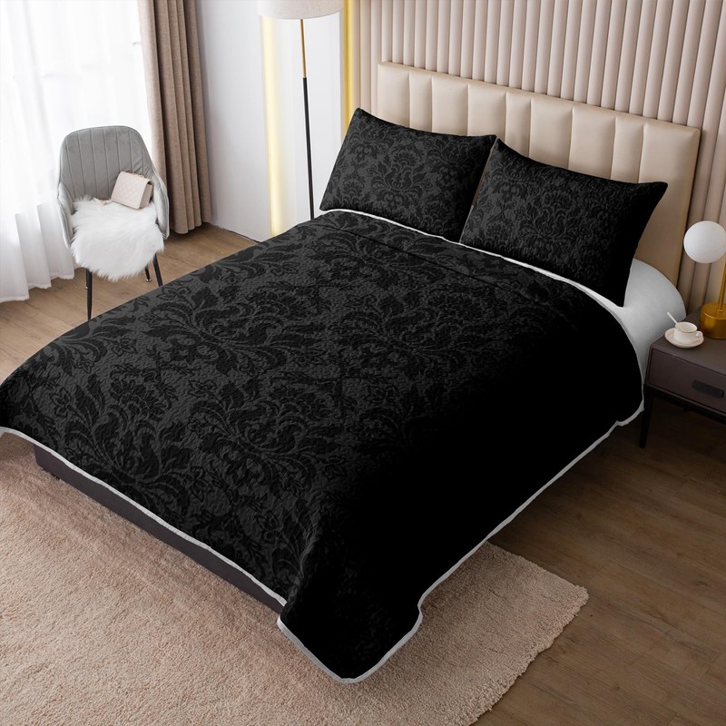 Axolotl Black Damask Quilt Set King Size,Dark Gothic Bedspread Coverlet
