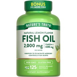 Nature's Truth Omega 3 Fish Oil 2000 mg | 125 Liquid Softgels | Burpless, Lemon Flavor Pills | Non-GMO and Gluten Free Supplement