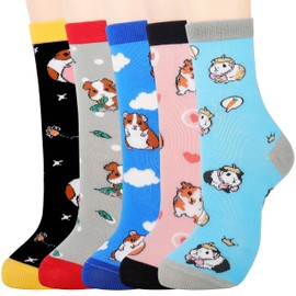Jeasona 5 Pairs of Women's Socks 35-38 Colourful Cotton Animal Pattern Cute, Multi-coloured guinea pigs