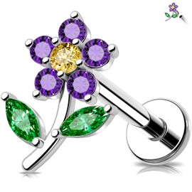 MeIighting Flower Helix Earring 16G Internally Threaded Flat Back Earring Stainless Steel 316L Cartilage Earring Purple CZ 8 mm Tragus Stud for Women Conch Earring