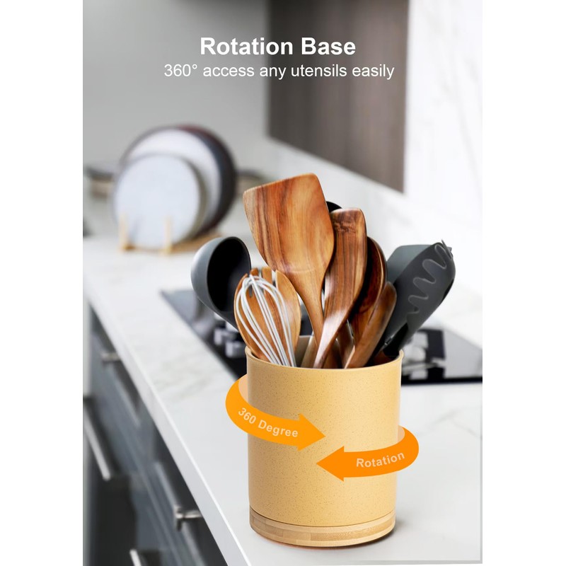 Nucookery 360°Rotating Utensil Holder, 7.2" Kitchen Utensil Crock, Ceramic Cooking