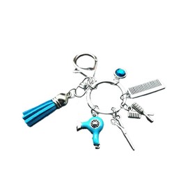 Fuqimanman2020 Comb Scissors Hair Dryer Keychain with Tassel and Black Diamond Charm Hairdresser Hair Stylist Gift Jewelry-Blue 2