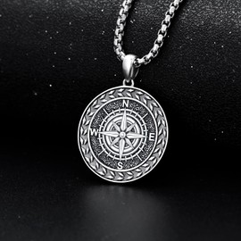 Shusukue Compass Chain 925 Sterling Silver Compass Pendant Necklace Oxidised Black Chain Compass Jewellery Gift for Men Boys, Sterling Silver