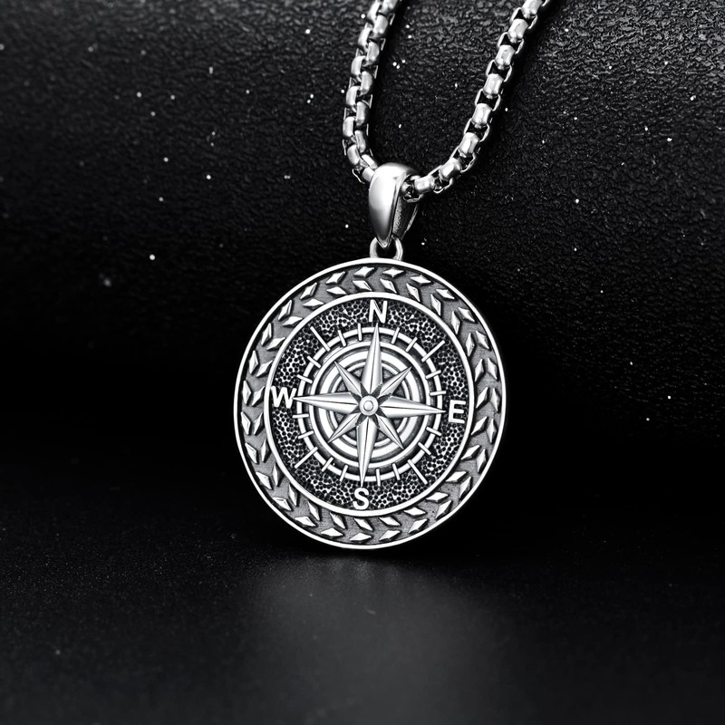 Shusukue Compass Chain 925 Sterling Silver Compass Pendant Necklace Oxidised