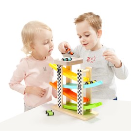 TOP BRIGHT Marble Run Car Racing Track Wooden with 4 Vehicles, Car Racing Track Children's Toy from 1 2 Years Boys and Girls, Wooden Toy from 18 Months Birthday Gifts