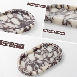 Natural Calacatta Viola Marble Tray 10"x6" - Non-Resin Bathroom Vanity Organizer & Kitchen Decor | Waterproof Oval Stone Serving Dish (Purple Portoro)