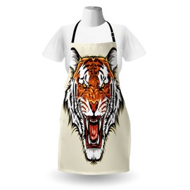 Ambesonne Tiger Apron, Angry Ready to Attack Beast with Sharp Fangs Jungle Animal Detailed Face of Hunter, Unisex Kitchen Bib Apron with Adjustable Neck for Cooking Baking Gardening, Orange Black