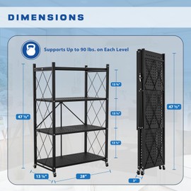Lifetime Home 4-Tier Foldable Storage Shelf with Wheels - Metal Collapsible Shelving Unit Display, Rolling Cart for Books Kitchen Storage Shelves, Pantry & Closet Organizer, Office Room Decor - Black