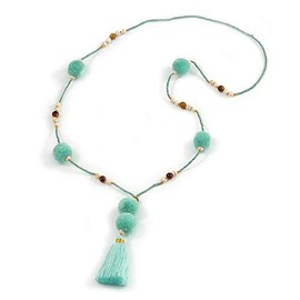 Avalaya Long Mint Green Glass Bead Pom Pom Tassel Necklace/ 88cm L/ 10cm Tassel