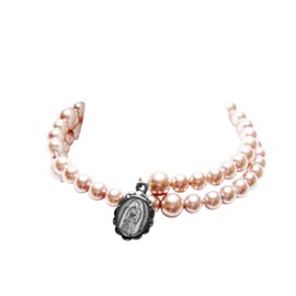 Our Lady of Guadalupe Wrap Around Pink Shell Pearls Bracelet with Dangling Sepia Image and a Blessed Pocket Coin with Prayer Blessed by Pope Francis