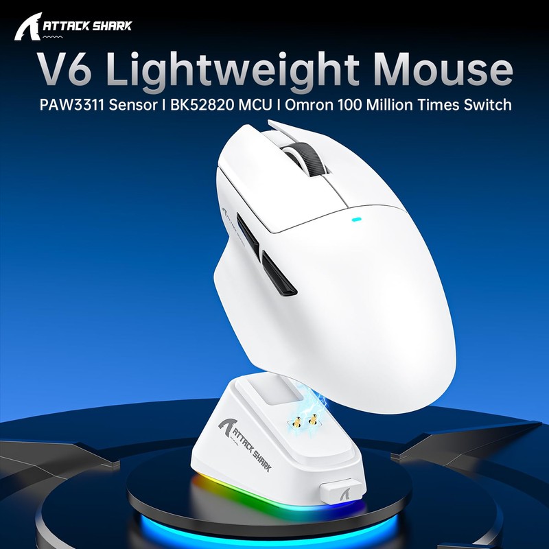 ATTACK SHARK V6 Wireless Gaming Mouse with RGB Charging Dock,