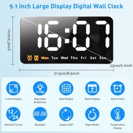 Aceshop Large LED Display Alarm Clock, 9.1” Wall Clock Digital Clock Digital Wall Clock with 3 Adjustable Brightness 12/24H Format Auto-Dimming 2 Alarms Snooze Function for Bedroom Living Room Office