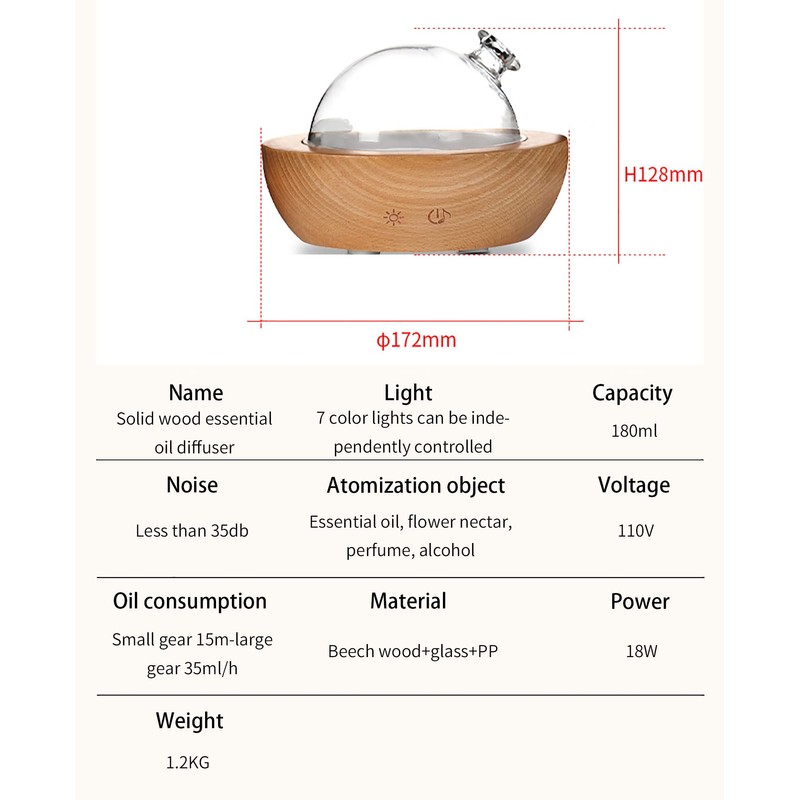 Fancemot Glass Essential Oil Diffuser with Real Wood Base, 180ml