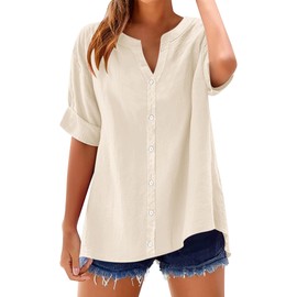 LOMON Womens 3/4 Sleeve Cotton Shirts Roll Up Short Sleeve Button Down V Neck Casual Loose Guaze Tunic Tops Apricot XL