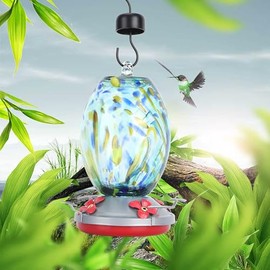 Comedero para Pájaros, Comedero para Pájaros de Cristal Colorido con Gancho, Percha de Descanso y Base Extraíble para Atraer Colibríes en el Patio del Jardín (Q2)