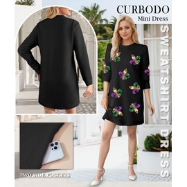 CURBODO Women's Pullover Sweatshirt Dress Crewneck Long Sleeve 2025 Trendy Fall Casual Textured Mini Dresses with Pockets Mardi Gras