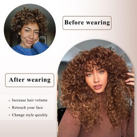 SOFUN Ombre Brown Curly Wig With Bangs for Black Women Long Curly Human Hair Glueless Wig for Daily,Realistic Look with True Scalp