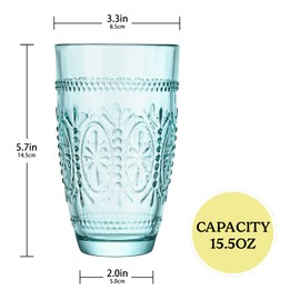 CREATIVELAND Colored Vintage Drinking Glasses Set of 4, 15.5 oz Romantic Embossed Water Glasses, Colored Tumblers Tempered Glass for Juice, Beverages, Beer, Cocktail