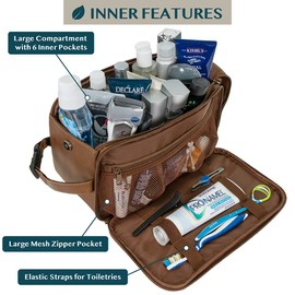 PAVILIA Toiletry Bag for Men, Travel Essentials Shaving Dopp Kit, Mens Travel Bag Toiletries Organizer Case for Grooming, PU Leather Water Resistant Cosmetic Bag Pouch (XL, Brown)