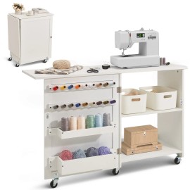 White Folding Sewing Table With Storage Shelves And Lockable Wheels For Office Usecolor: White Color