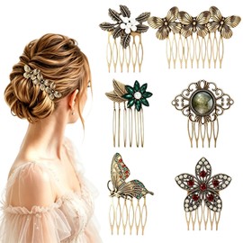 6pcs Vintage gold Hair Side Combs Butterfly Flower Leaf Pearl Rhinestone Tooth Clip French Twist Hair Slide Comb with Teeth Grip for Decorative Crystal Bridal Wedding Party (Antique Gold-2)