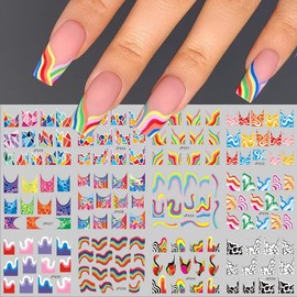 Colorful Stripes Nail Art Stickers Water Transfer Nail Decals for Nails Art Geometric Rainbow Wave Abstract Design Watermark Acrylic Nail Stickers for Women Manicure Nail Decoration 12 Sheets