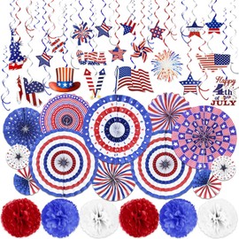 50 PCS 4th of July Patriotic Decorations in 33 Designs Red White Blue Paper Fans Pom Poms Flowers Hanging Swirls with Americans Flag Stars Memorial Day Independence Day Party Decor Favors