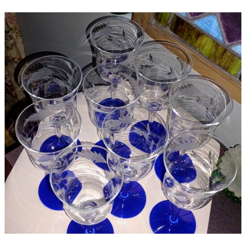 Weston GOBLET COBALT BLUE Foot CLEAR Glass Flower Cut 7-3/8”