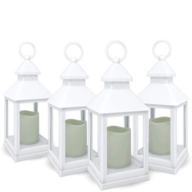 Decorative White Lanterns - Set of 4-5 Hour Timer – 9 3/8"H White LED Lanterns with Flameless Pillar Candles Included - Indoor/Outdoor Lantern Set- Hanging or Sitting Decoration…