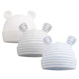 Original Cotton Newborn Hats for Girls & Boys - Preemie & Infant Bear Ears Beanies 0-6 Months (White, Blue Striped, Gray Striped)