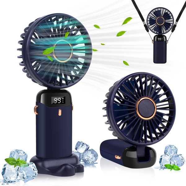 LYMYBETY Portable Handheld Fan, 4000mAh Mini USB Rechargeable Fan with Digital Display, Small Personal Pocket Fan with 5 Speeds, Foldable Desk Fan with Lanyard and Base for Home Travel (Blue)