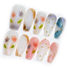 Sun&Beam Nails Handmade Long Coffin Ballerina White Pink False Nail Tips with Cute 3D Gold Pearl Popular Charm Design Press On Nails 10 Pcs (#56 M)