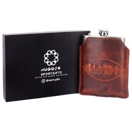 SPORTGIFTZ - Buffalo Leather Hip Flask | 8oz Capacity | Brown Leather Cover | Ideal for Rugby Enthusiasts | Includes Portable Pouch | Retro Rugby Ball Stitching, Brown, Metal